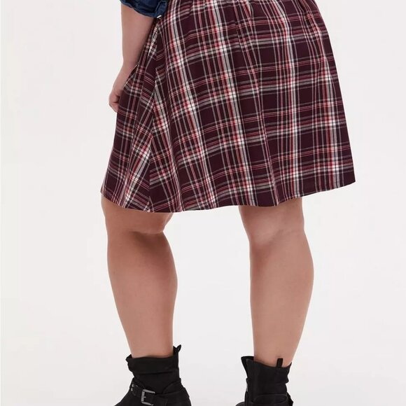 Torrid Burgundy Purple Plaid Twill Pleated Button Front Mini Skirt - Picture 3 of 7